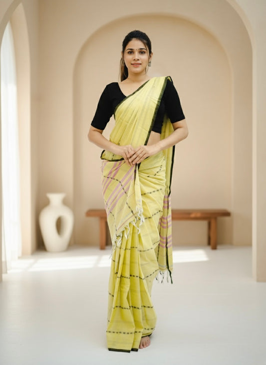 Light Yellow Rohini Narayanpeth Cotton Saree | With Unstitched Blouse Piece For Women