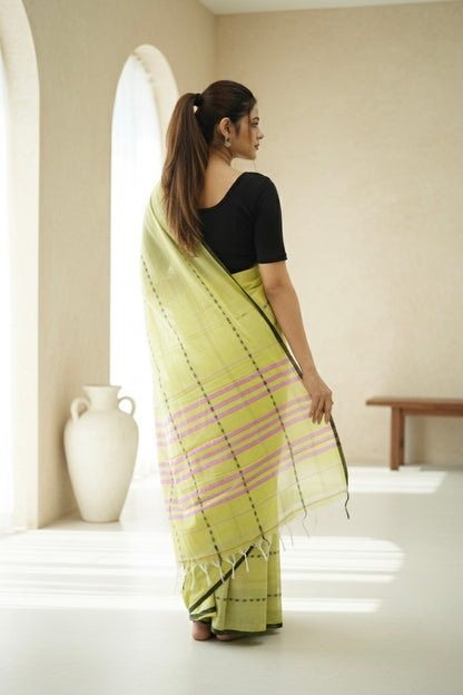 Light Yellow Rohini Narayanpeth Cotton Saree | With Unstitched Blouse Piece For Women
