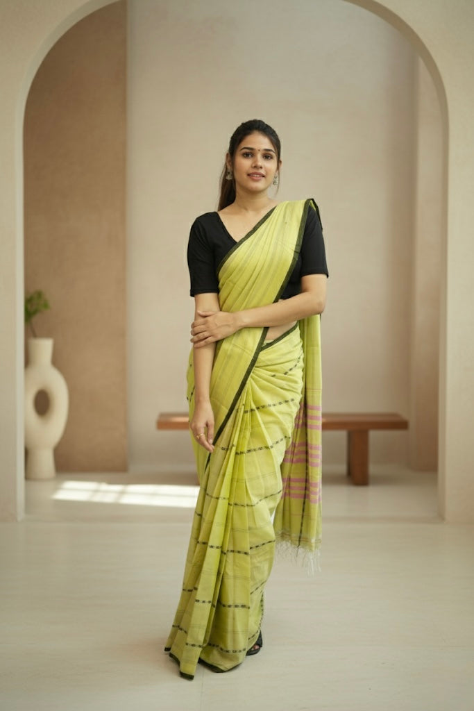 Light Yellow Rohini Narayanpeth Cotton Saree | With Unstitched Blouse Piece For Women