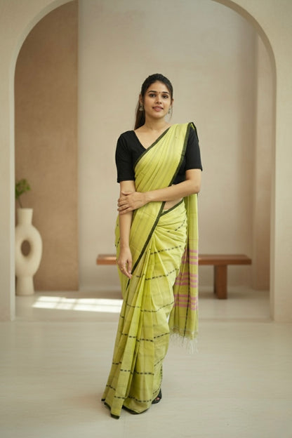 Light Yellow Rohini Narayanpeth Cotton Saree | With Unstitched Blouse Piece For Women