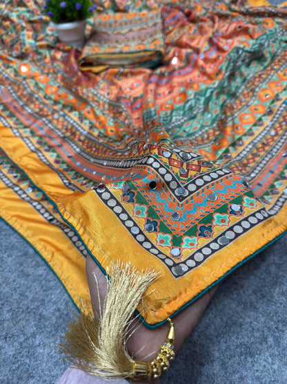 Madhuri Multi Blue Ajarakh Saree | With Unstitched Blouse