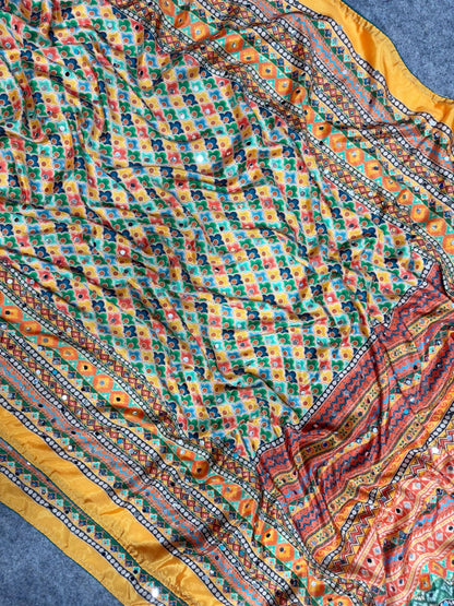 Madhuri Multi Blue Ajarakh Saree | With Unstitched Blouse