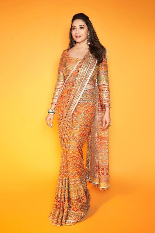Madhuri Multi Blue Ajarakh Saree | With Unstitched Blouse