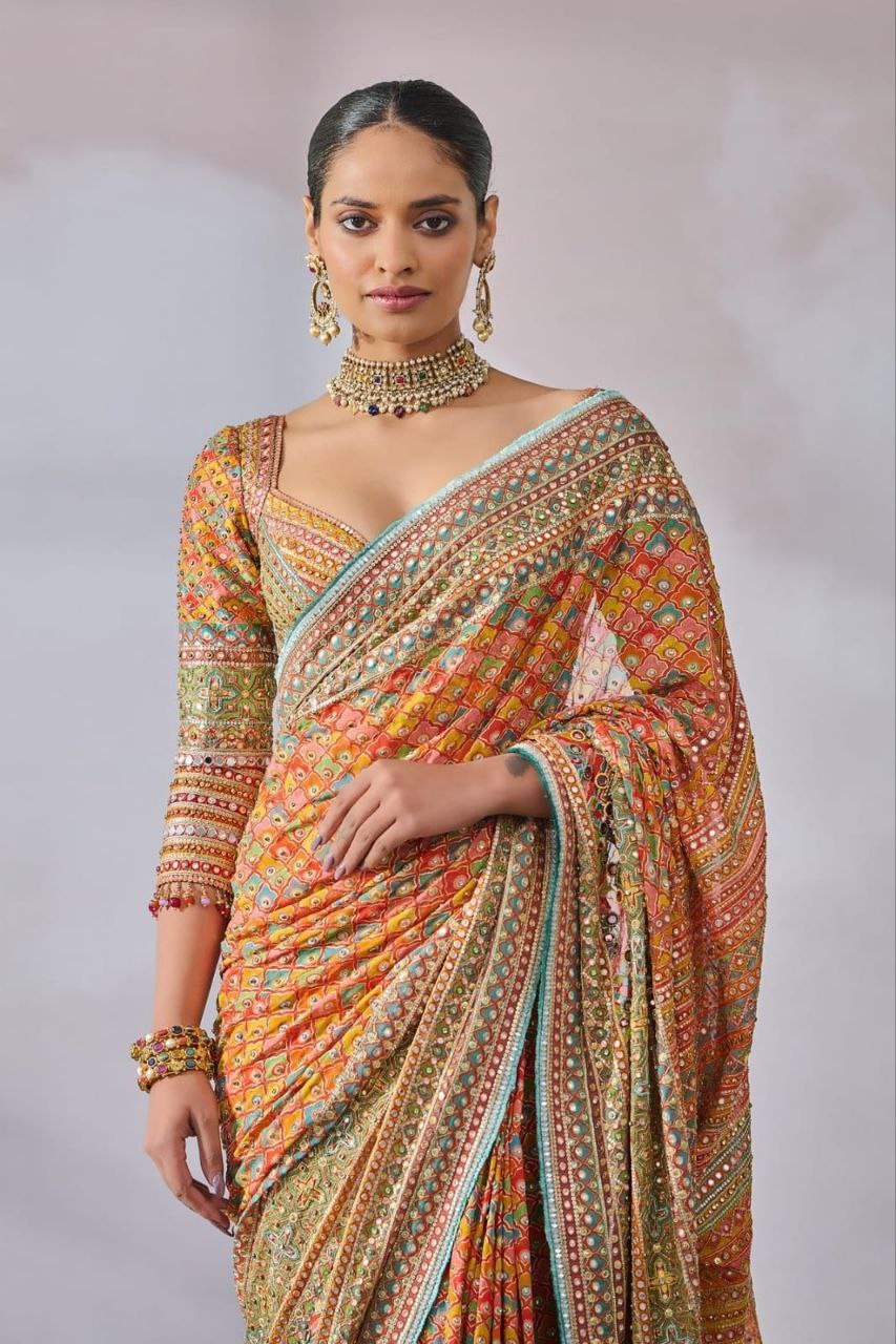 Madhuri Multi Blue Ajarakh Saree | With Unstitched Blouse