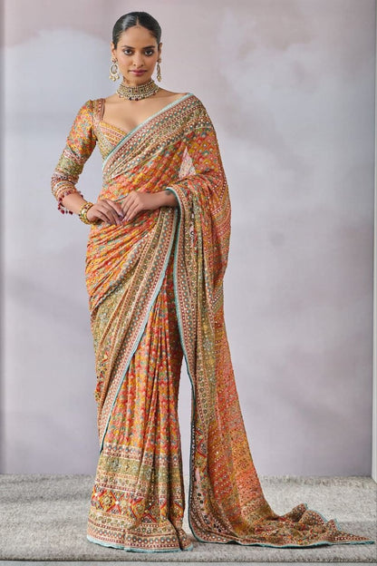 Madhuri Multi Blue Ajarakh Saree | With Unstitched Blouse