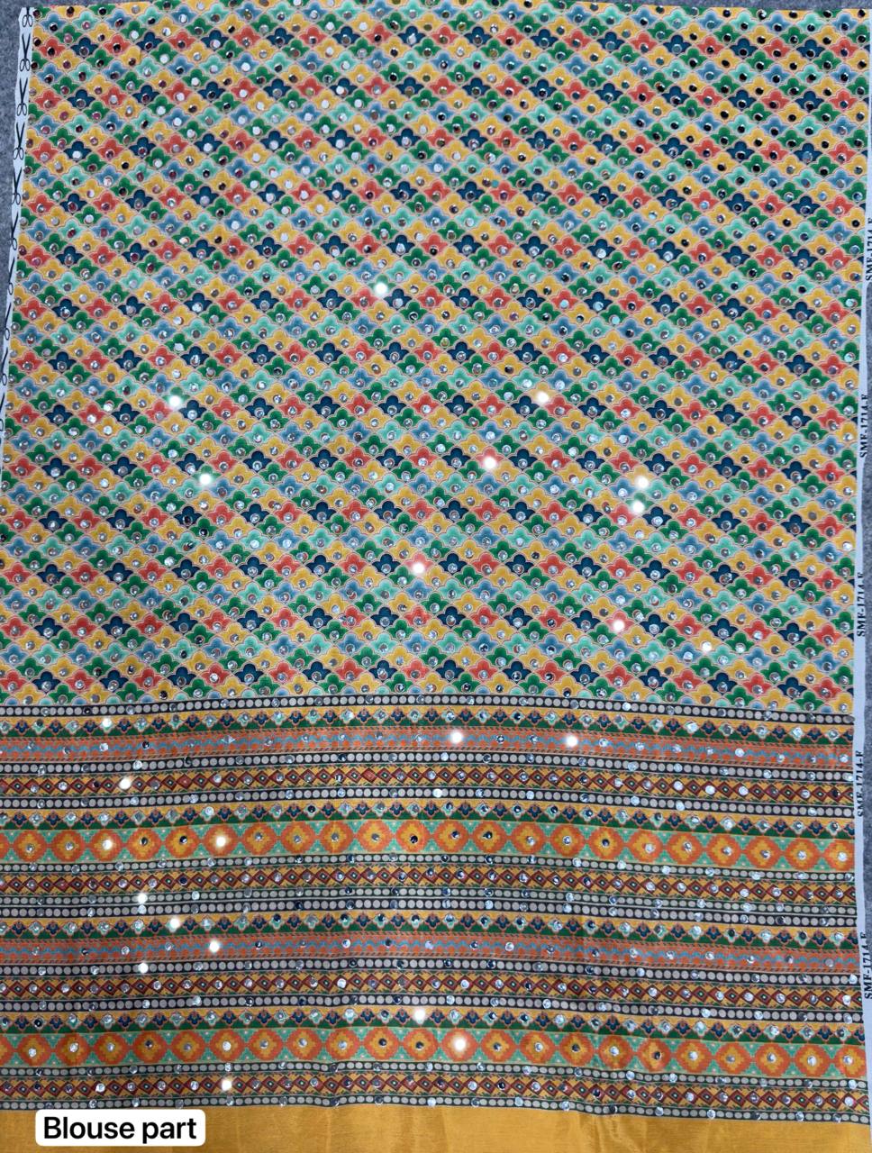 Madhuri Multi Blue Ajarakh Saree | With Unstitched Blouse