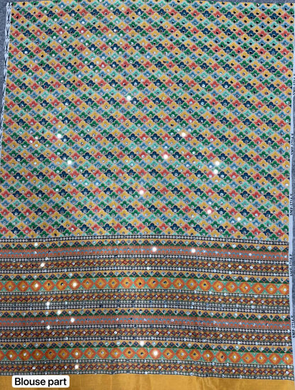 Madhuri Multi Blue Ajarakh Saree | With Unstitched Blouse