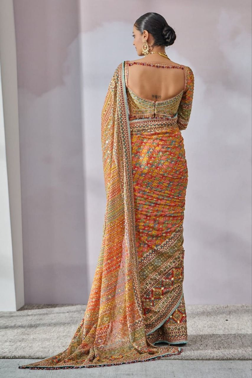 Madhuri Multi Blue Ajarakh Saree | With Unstitched Blouse