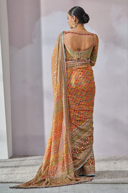 Madhuri Multi Blue Ajarakh Saree | With Unstitched Blouse