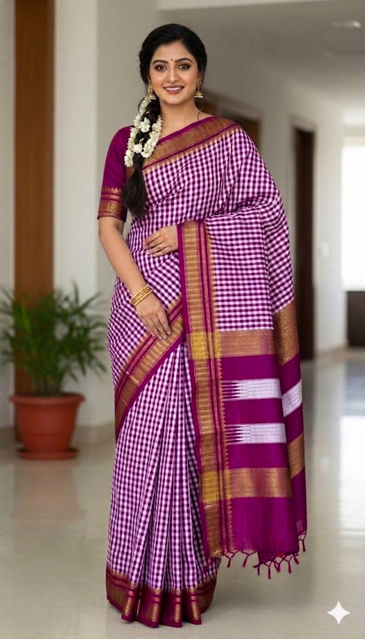 Magenta Silk Tana checks Ilkal Saree