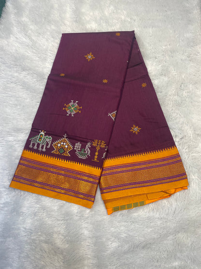 Magenta kasuti satin cotton ilkal saree for women | with unstitched blouse