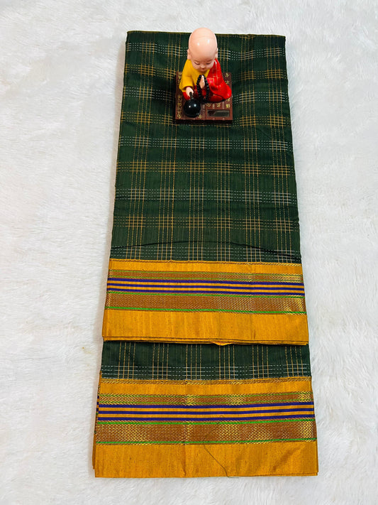 Mehandi Hash Checks Narayanpeth Cotton Saree | With Unstitched Blouse Piece For Women