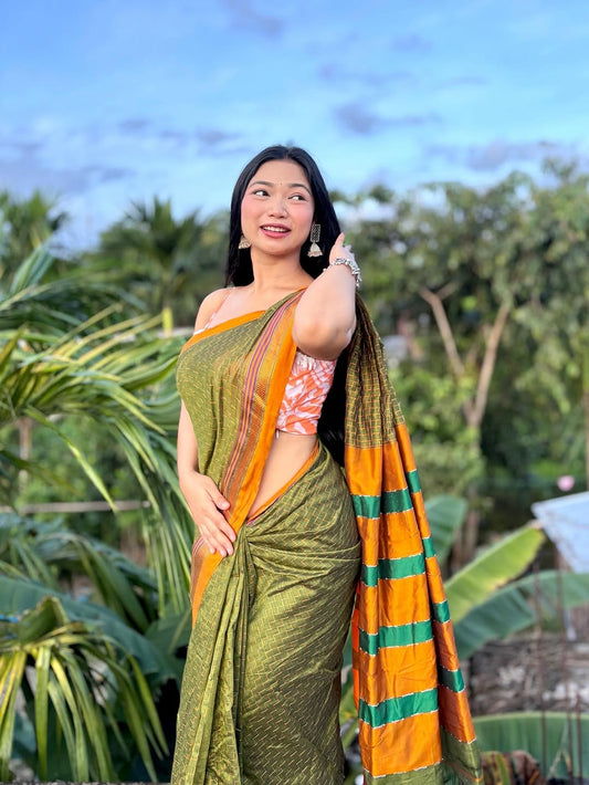 Mehandi Zigzag Narayanpeth Cotton Saree | With Unstitched Blouse Piece For Women