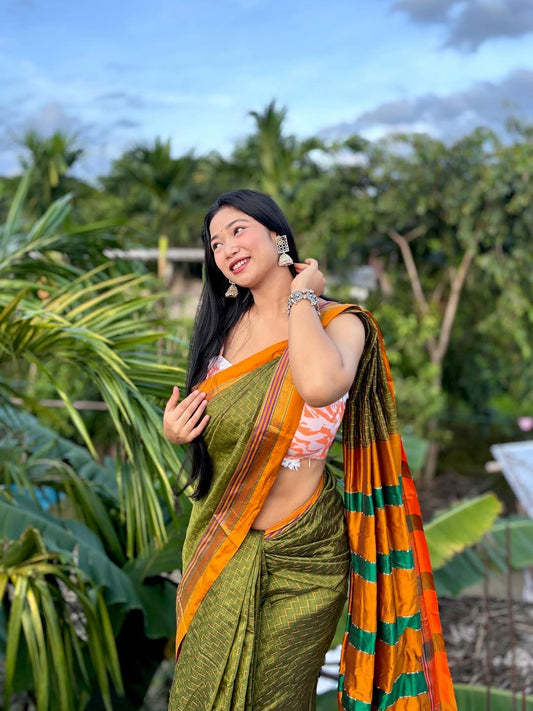 Mehandi Zigzag Narayanpeth Cotton Saree | With Unstitched Blouse Piece For Women