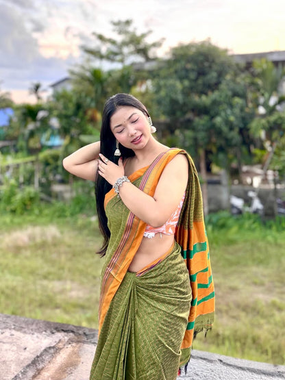 Mehandi Zigzag Narayanpeth Cotton Saree | With Unstitched Blouse Piece For Women