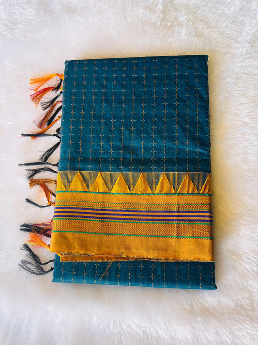 Navy Blue  Temple Star Plus Acrylic Cotton Saree | With Unstitched Blouse Piece For Women