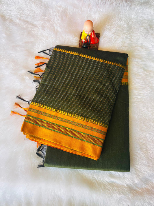 Olive Green kohinoor Narayanpeth Cotton Saree | With Unstitched Blouse Piece For Women