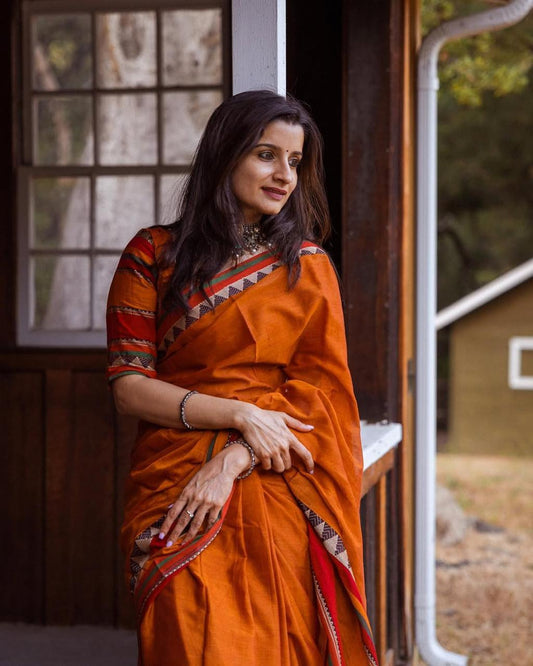 Orange Divya Narayanpeth Cotton Saree | With Unstitched Blouse Piece For Women