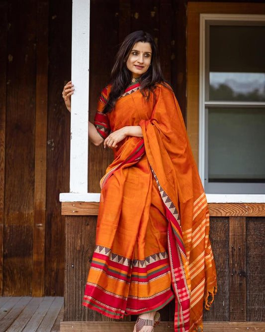 Orange Divya Narayanpeth Cotton Saree | With Unstitched Blouse Piece For Women