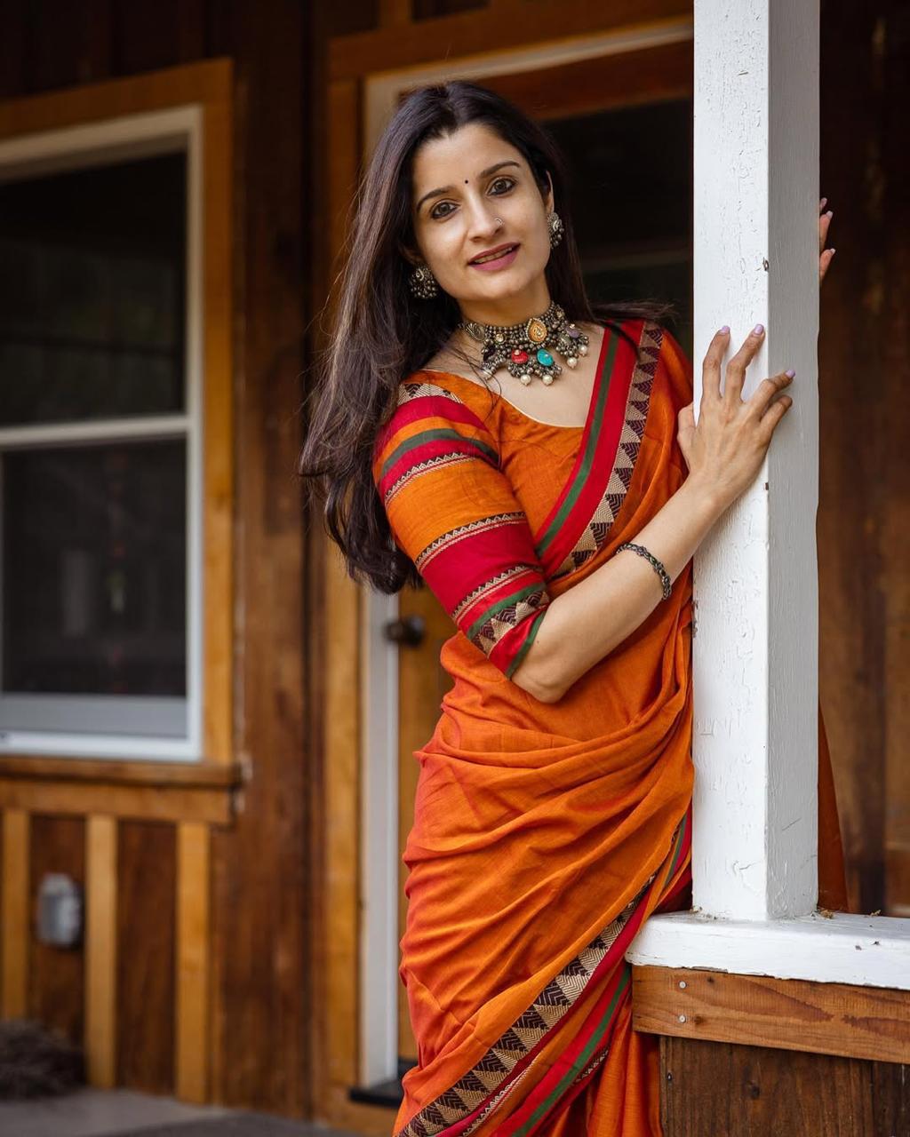 Orange Divya Narayanpeth Cotton Saree | With Unstitched Blouse Piece For Women