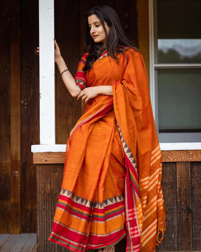 Orange Divya Narayanpeth Cotton Saree | With Unstitched Blouse Piece For Women