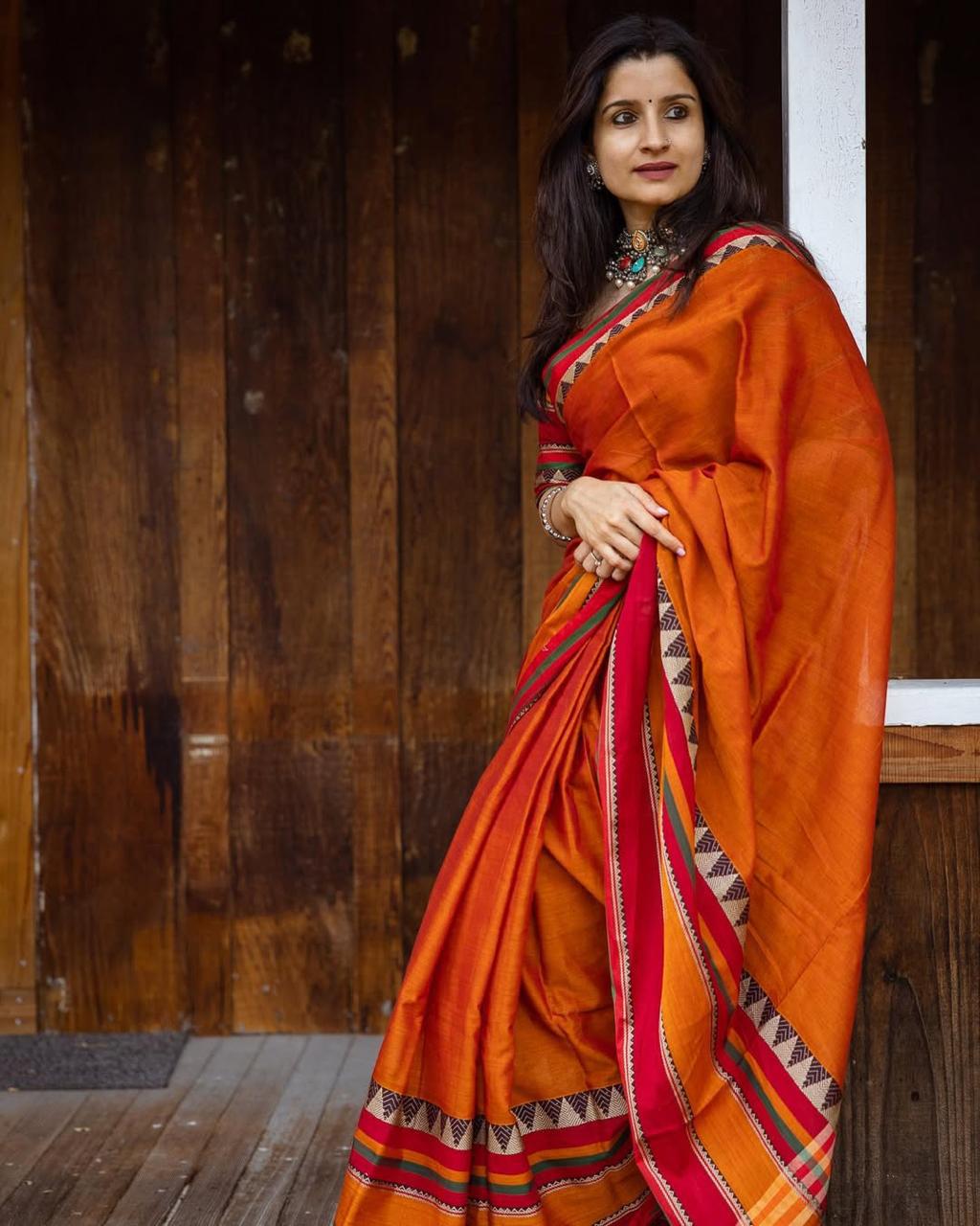 Orange Divya Narayanpeth Cotton Saree | With Unstitched Blouse Piece For Women