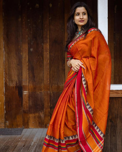 Orange Divya Narayanpeth Cotton Saree | With Unstitched Blouse Piece For Women