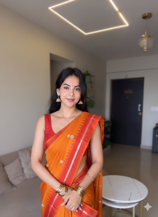 Orange Malini Acrylic Cotton Saree | With Unstitched Blouse Piece For Women