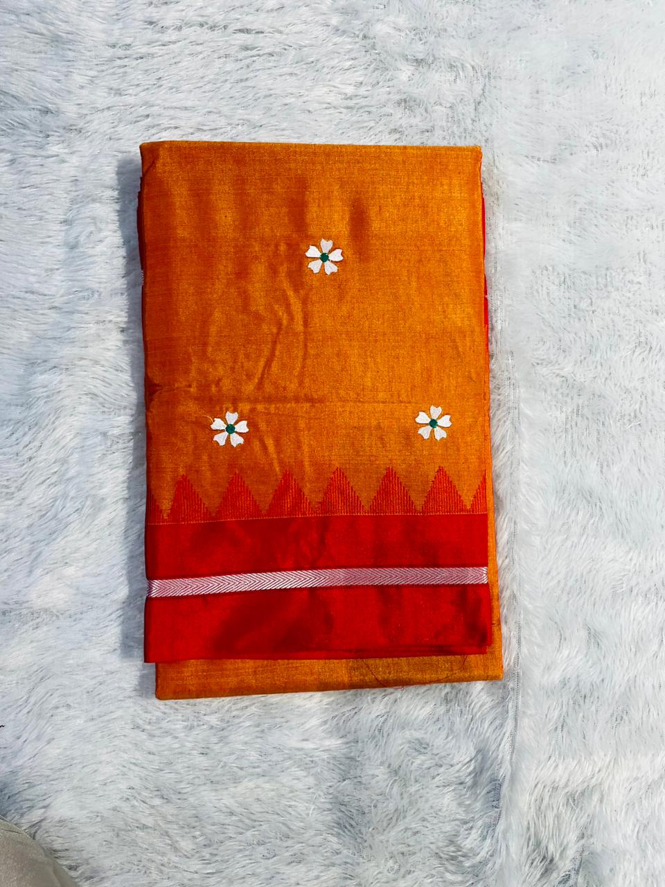 Orange Malini Acrylic Cotton Saree | With Unstitched Blouse Piece For Women