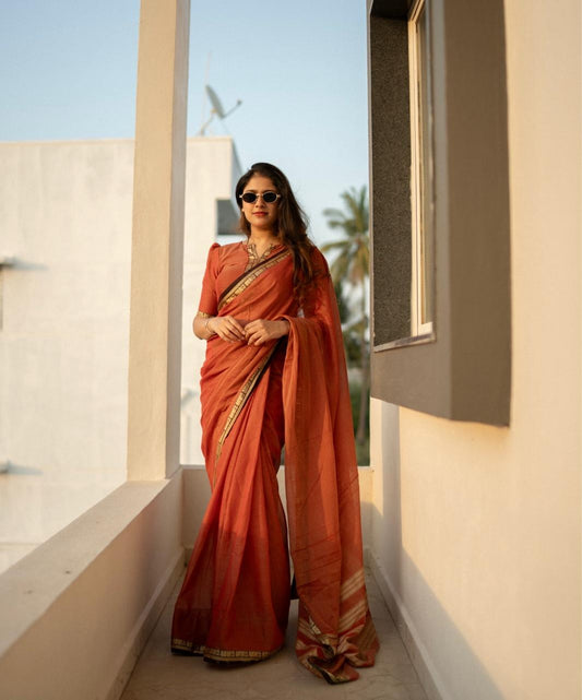 Orange Raga Narayanpeth Cotton Saree | With Unstitched Blouse Piece For Women