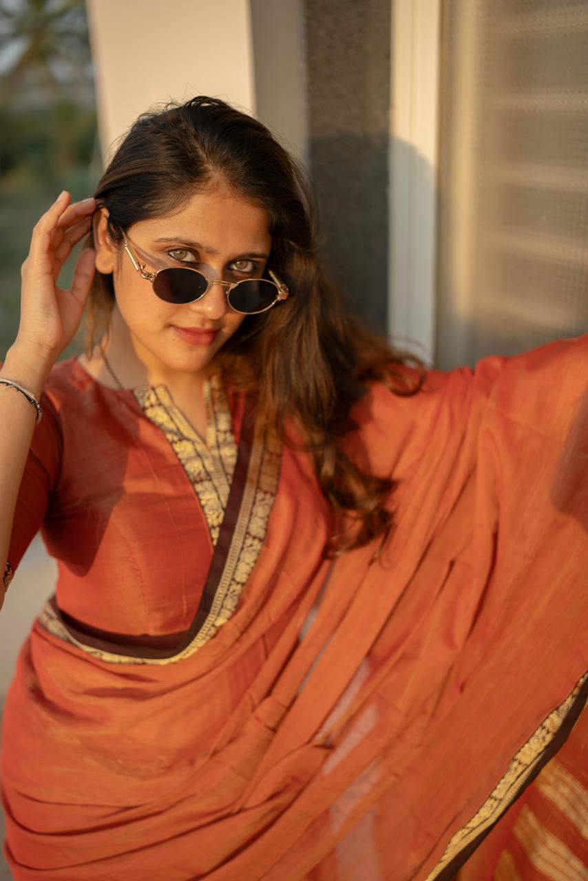 Orange Raga Narayanpeth Cotton Saree | With Unstitched Blouse Piece For Women