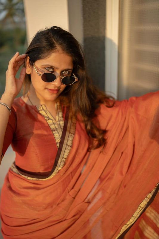 Orange Raga Narayanpeth Cotton Saree | With Unstitched Blouse Piece For Women