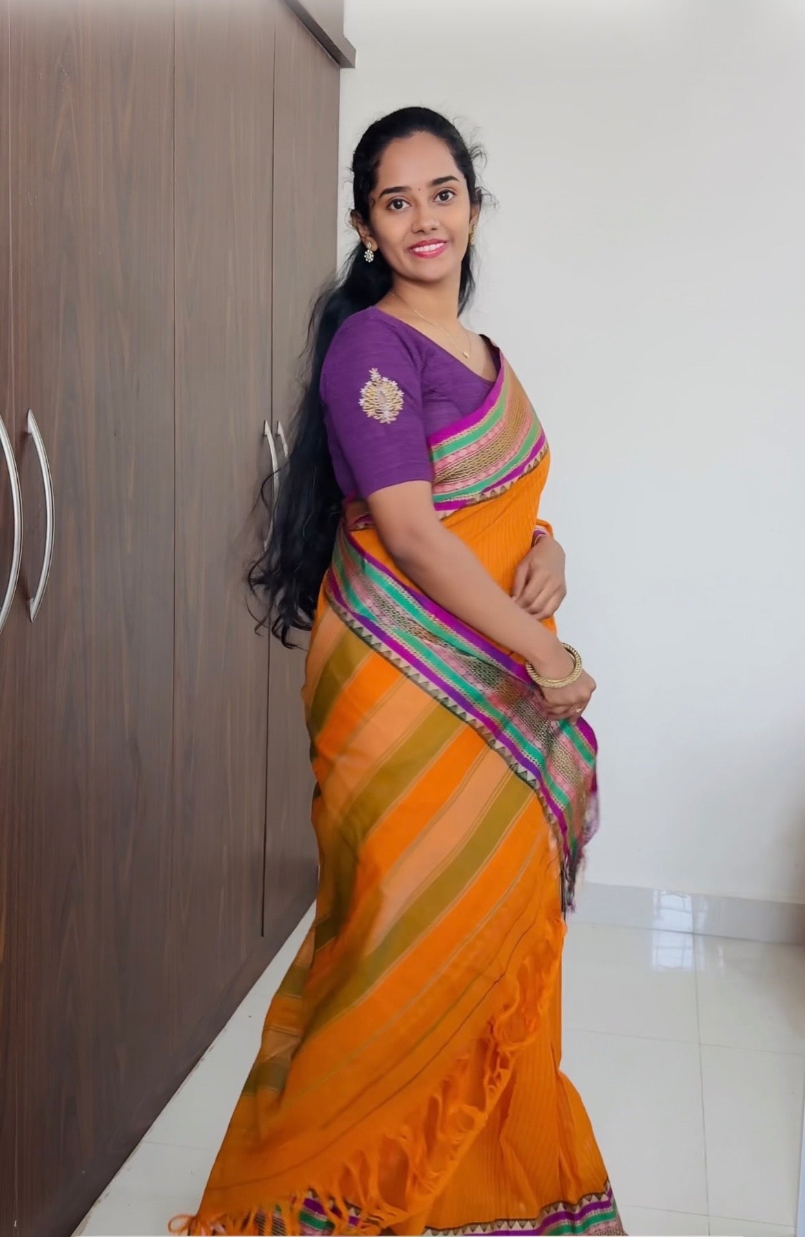 Orange Sanskriti Narayanpeth Cotton Saree | With Unstitched Blouse Piece For Women