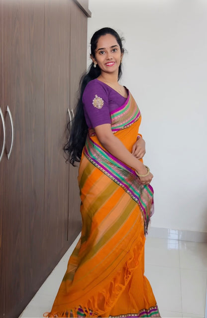 Orange Sanskriti Narayanpeth Cotton Saree | With Unstitched Blouse Piece For Women