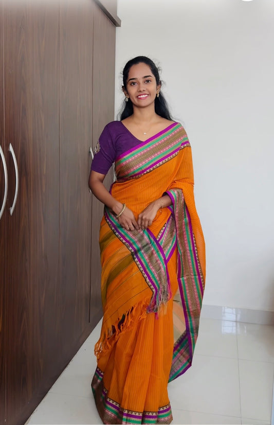Orange Sanskriti Narayanpeth Cotton Saree | With Unstitched Blouse Piece For Women