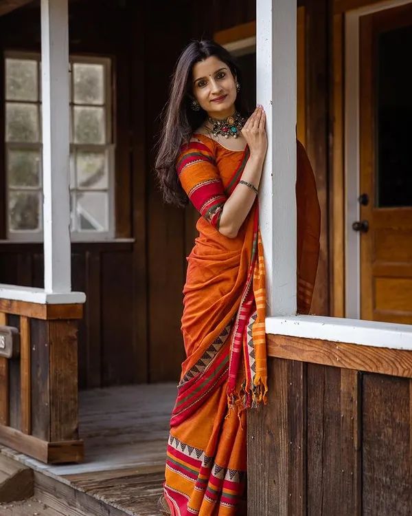 Orange Divya Narayanpeth Cotton Saree | With Unstitched running  Blouse Piece For Women