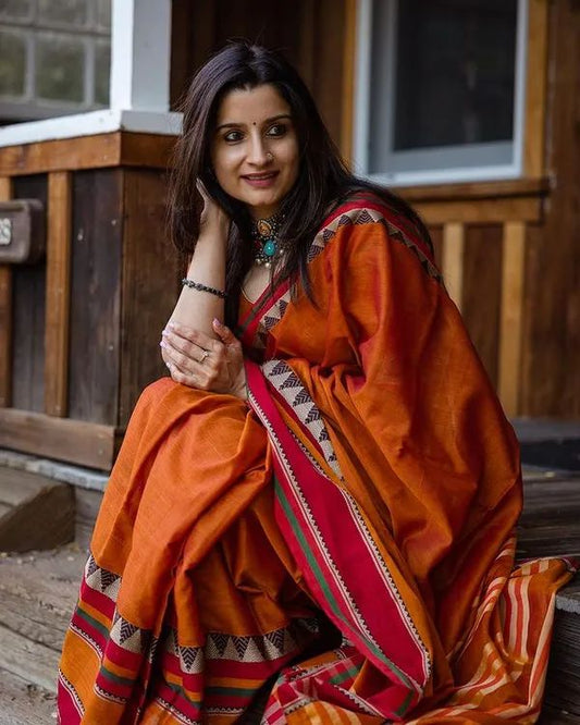 Orange Divya Narayanpeth Cotton Saree | With Unstitched running  Blouse Piece For Women
