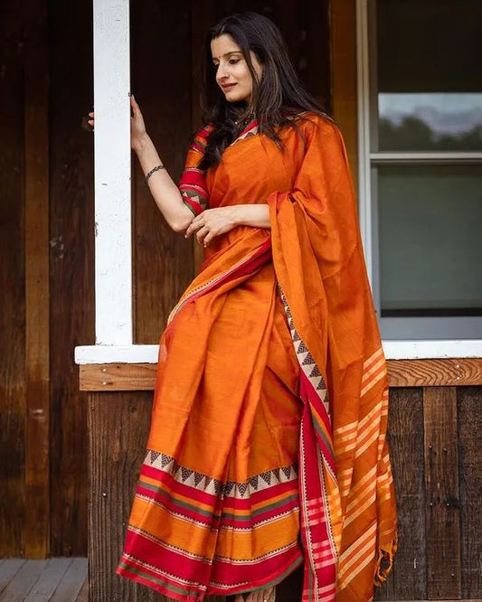 Orange Divya Narayanpeth Cotton Saree | With Unstitched running  Blouse Piece For Women