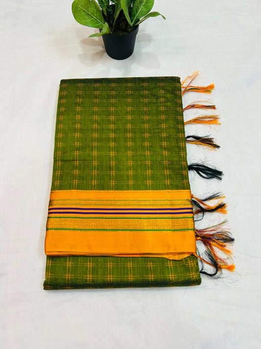 Parrot Green Double  Hash Narayanpeth Cotton Saree | With Unstitched Blouse Piece For Women