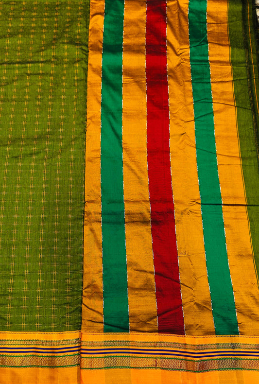 Parrot Green Double  Hash Narayanpeth Cotton Saree | With Unstitched Blouse Piece For Women
