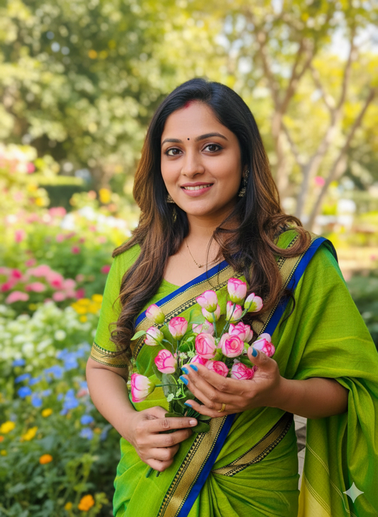 Parrot green Akira Narayanpeth Cotton Saree | With Unstitched Blouse Piece For Women