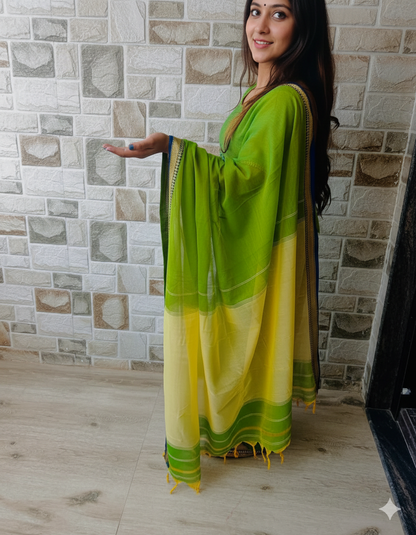 Parrot green Akira Narayanpeth Cotton Saree | With Unstitched Blouse Piece For Women
