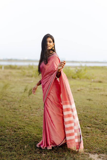 Peach Rudrakshi Narayanpeth Cotton Saree | With Unstitched Blouse Piece For Women