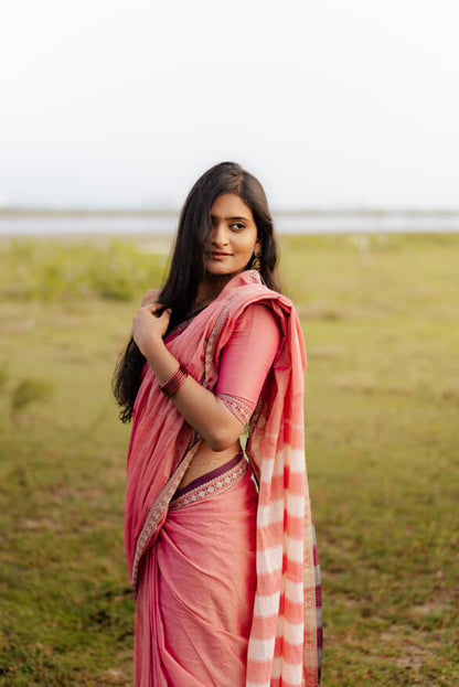 Peach Rudrakshi Narayanpeth Cotton Saree | With Unstitched Blouse Piece For Women