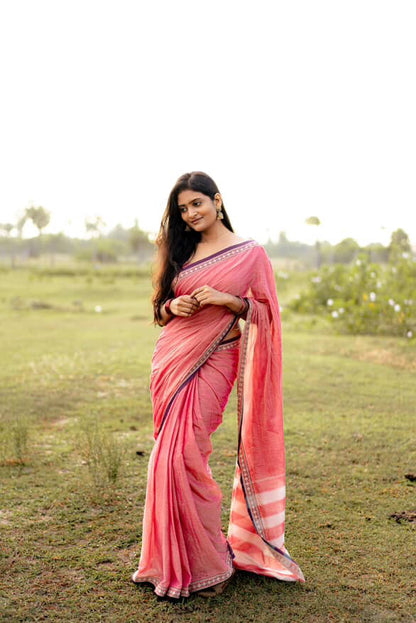 Peach Rudrakshi Narayanpeth Cotton Saree | With Unstitched Blouse Piece For Women