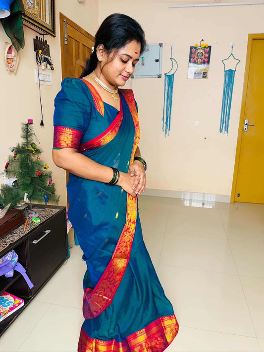 Peacock Blue Rupashri Narayanpeth cotton Saree