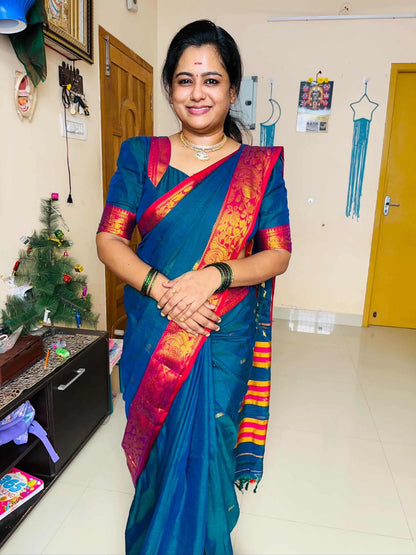Peacock Blue Rupashri Narayanpeth cotton Saree