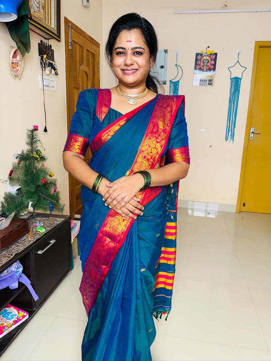 Peacock Blue Rupashri Narayanpeth cotton Saree
