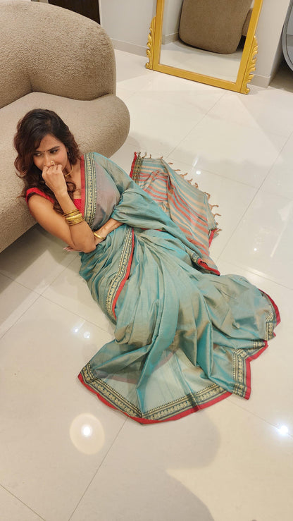 Pista Green Viha Narayanpeth Cotton Saree | With Unstitched Blouse Piece For Women