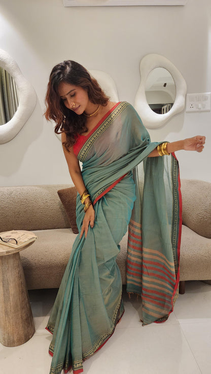 Pista Green Viha Narayanpeth Cotton Saree | With Unstitched Blouse Piece For Women